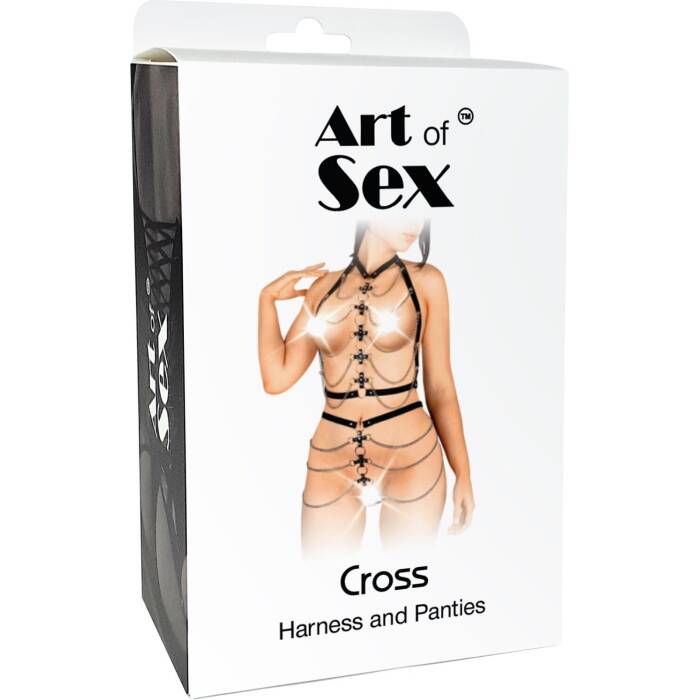 Набір портупея + трусики зі шкіри з ланцюжками Art of Sex - Cross, розмір L-2XL, колір чорний