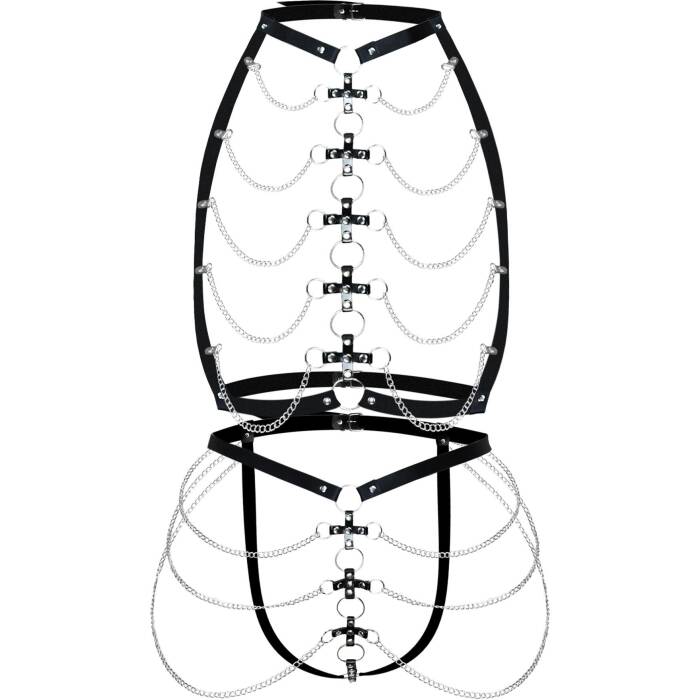 Набір портупея + трусики зі шкіри з ланцюжками Art of Sex - Cross, розмір L-2XL, колір чорний