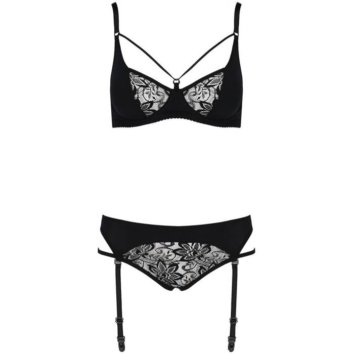 Комплект білизни Passion PAULINE SET L/XL, black, стрепи, ліф, стрінги і пояс для панчох