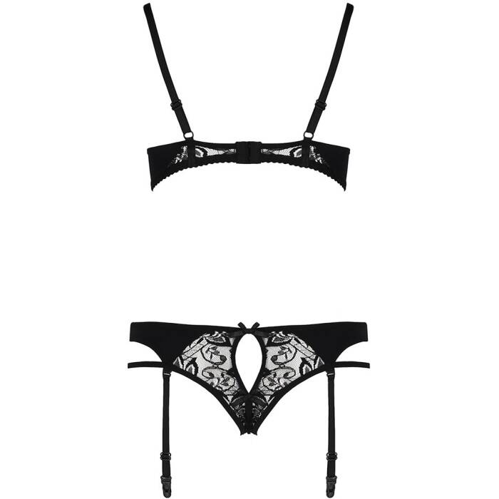 Комплект білизни Passion PAULINE SET L/XL, black, стрепи, ліф, стрінги і пояс для панчох