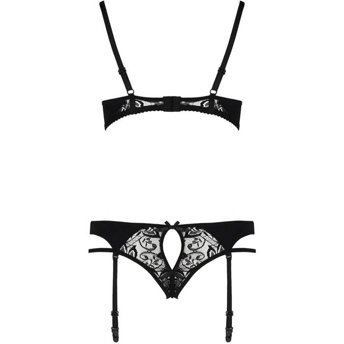 Комплект білизни Passion PAULINE SET S/M, black, стрепи, ліф, стрінги і пояс для панчох