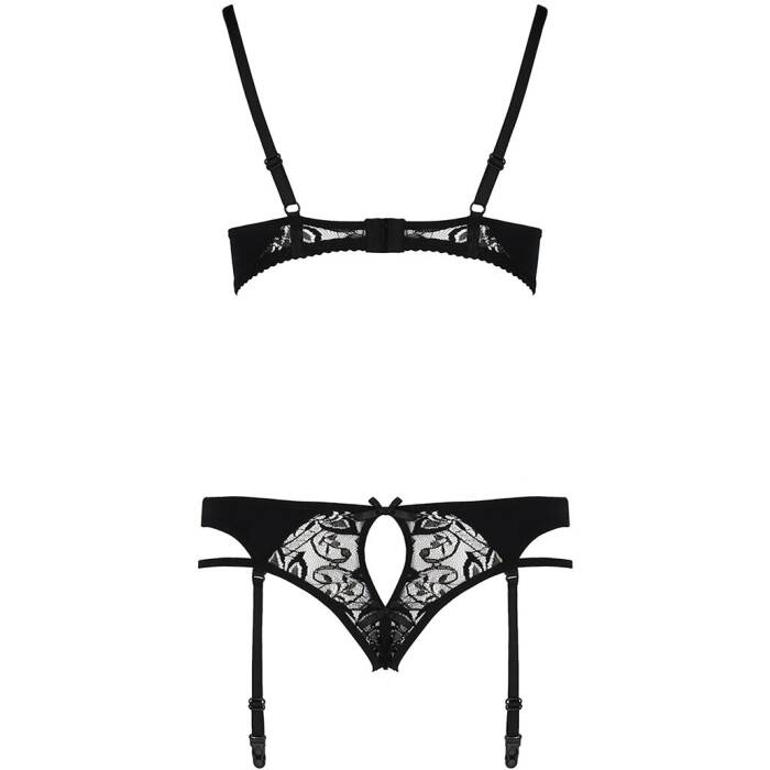 Комплект білизни Passion PAULINE SET XXL/XXXL, black, стрепи, ліф, стрінги і пояс для панчох