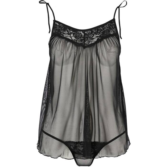 Сорочка прозора бебі дол Passion MELANIA CHEMISE L/XL, black, трусики, на тонких бретелях
