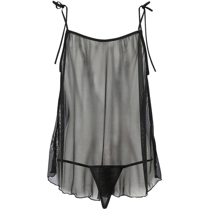 Сорочка прозора бебі дол Passion MELANIA CHEMISE L/XL, black, трусики, на тонких бретелях