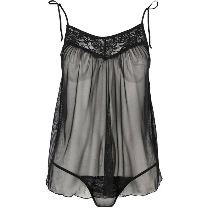 Сорочка прозора бебі дол Passion MELANIA CHEMISE S/M, black, трусики, на тонких бретелях