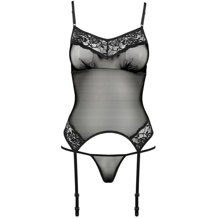 Корсет з пажами Passion MELANIA CORSET L/XL, black, трусики, напівпрозорий