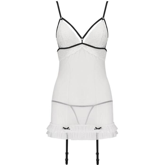 Сорочка прозора з пажами Passion ORIHIME CHEMISE S/M, white, трусики, стрепи