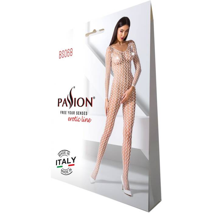 Бодістокінг Passion BS068 white, комбінезон, велика сітка, довгий рукав