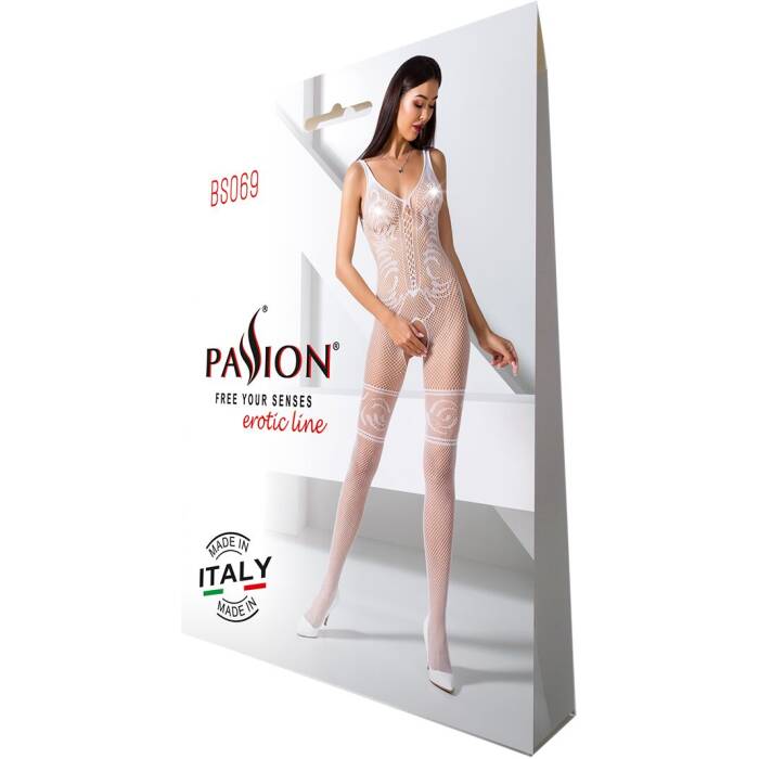 Бодістокінг Passion BS069 white, комбінезон, імітація панчох і боді