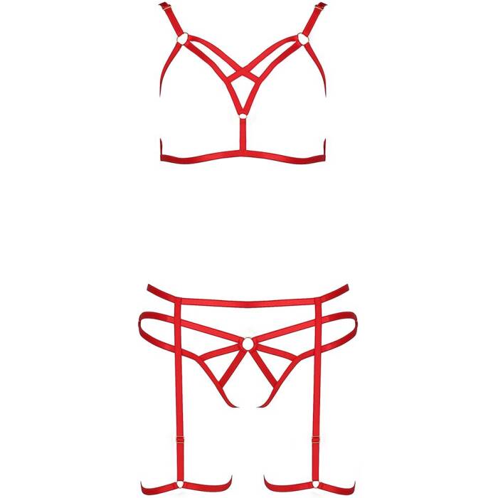 Комплект білизни Passion Exclusive MAGALI SET OpenBra XXL/XXXL, red, стрепи, ліф, трусики і пояс