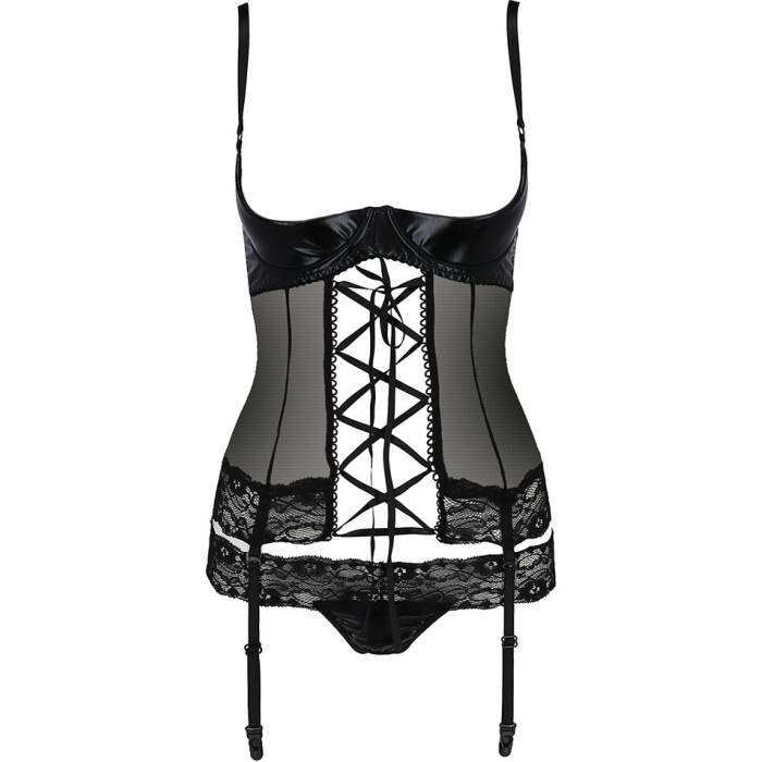 Корсет з відкритими грудьми Passion Exclusive NORTH CORSET L/XL, black, пажі, трусики, шнурівка