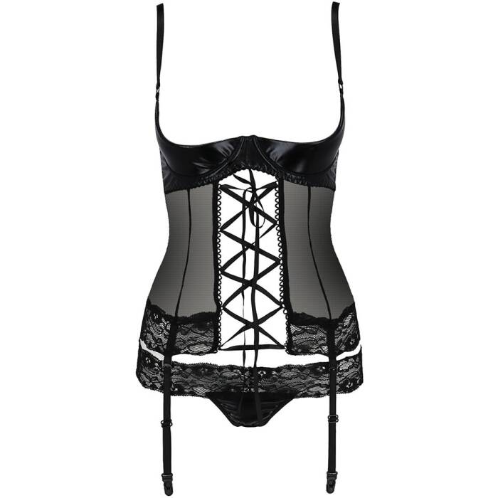 Корсет з відкритими грудьми Passion Exclusive NORTH CORSET S/M, black, пажі, трусики, шнурівка