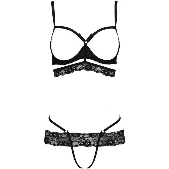 Комплект білизни Passion Exclusive SARIA SET OpenBra XXL/XXXL black, стрепи, відкритий ліф, стрінги