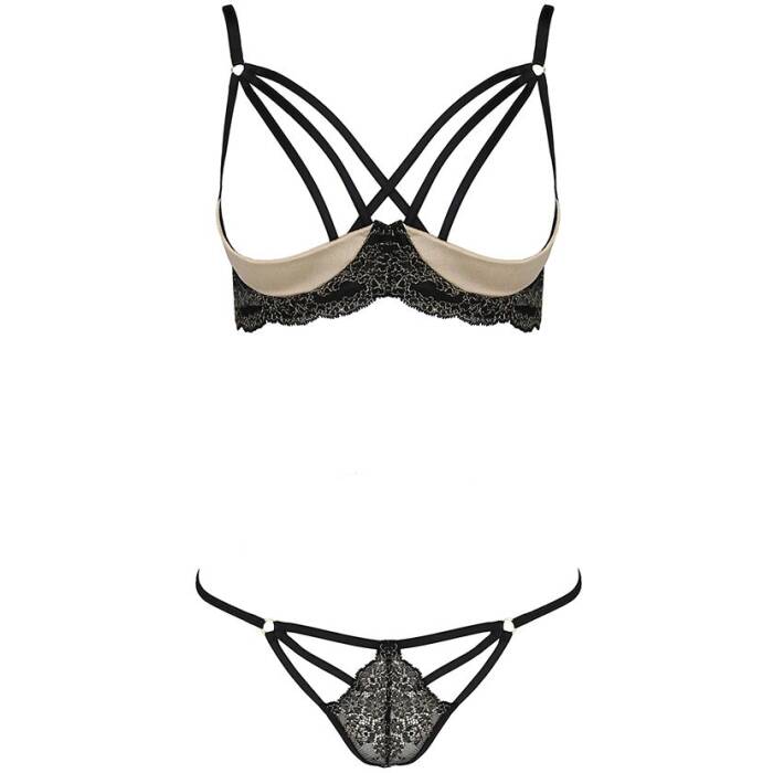 Комплект белья Passion Exclusive VALERY SET OpenBra L/XL, black, стрепи, трусики, открытый лиф