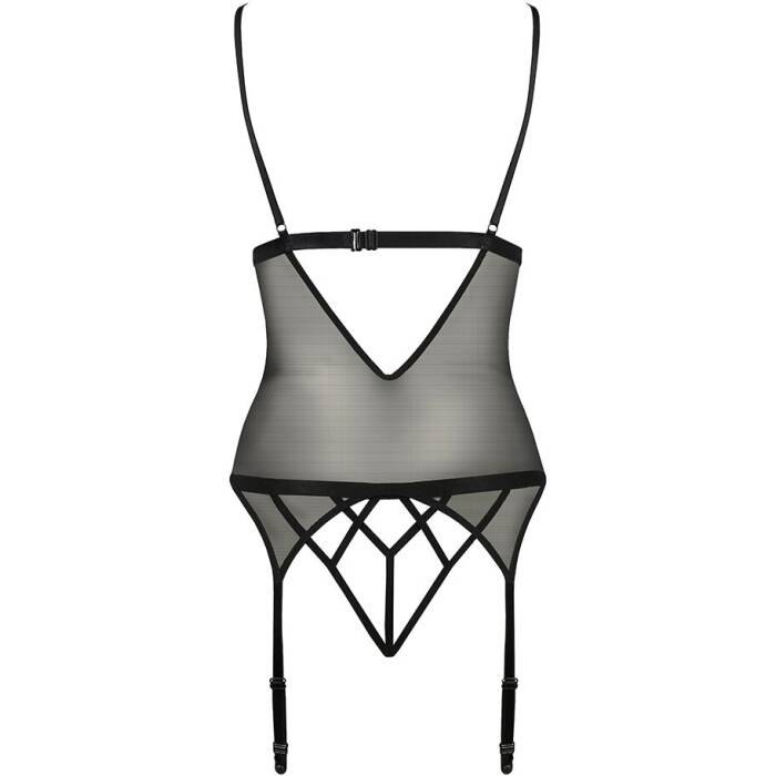 Корсет з відкритими грудьми Passion DIABOLINA CORSET L/XL, black, пажі, трусики, напівпрозорий