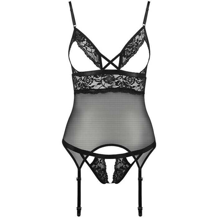 Корсет з відкритими грудьми Passion DIABOLINA CORSET L/XL, black, пажі, трусики, напівпрозорий