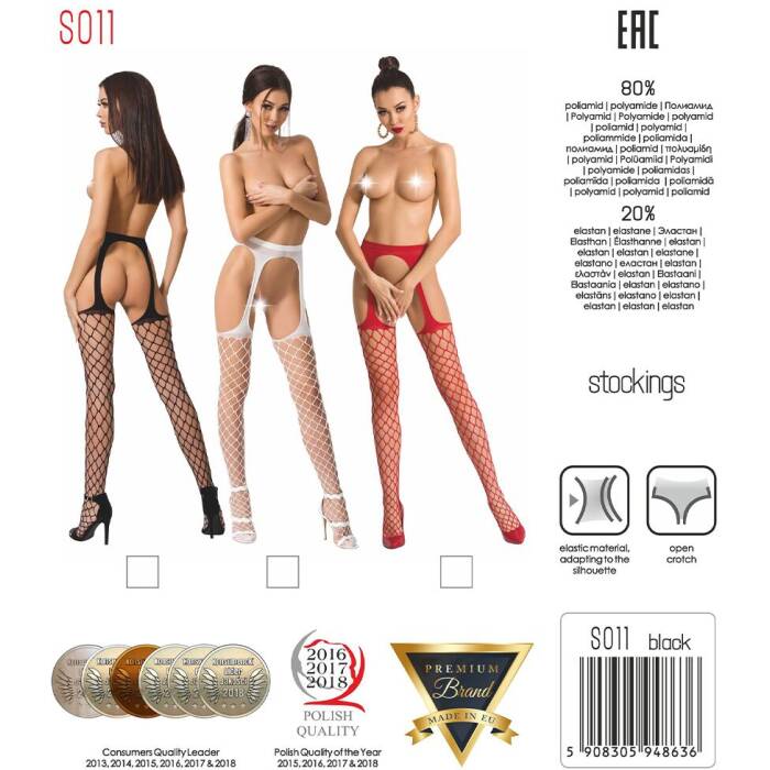 Сітчасті панчохи-стокінги Passion S011 One Size, Red, імітація гартерів, відкритий доступ