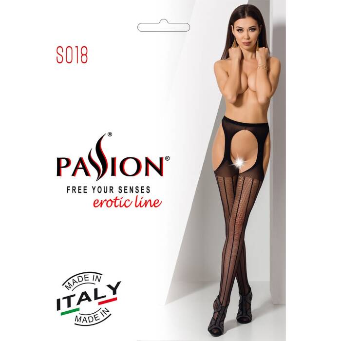 Сітчасті панчохи-стокінги Passion S018 One Size, Black, імітація пояса, сітка з вертикальними смужка