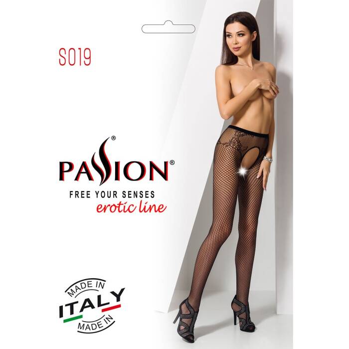 Сітчасті колготки-бодістокінги Passion S019 One Size, Black, імітація трусиків, відкритий доступ