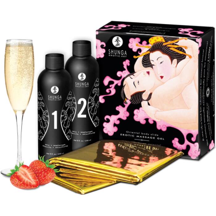 Гель для NURU масажу Shunga Oriental Body-to-Body – Sparkling Strawberry Wine плюс простирадло