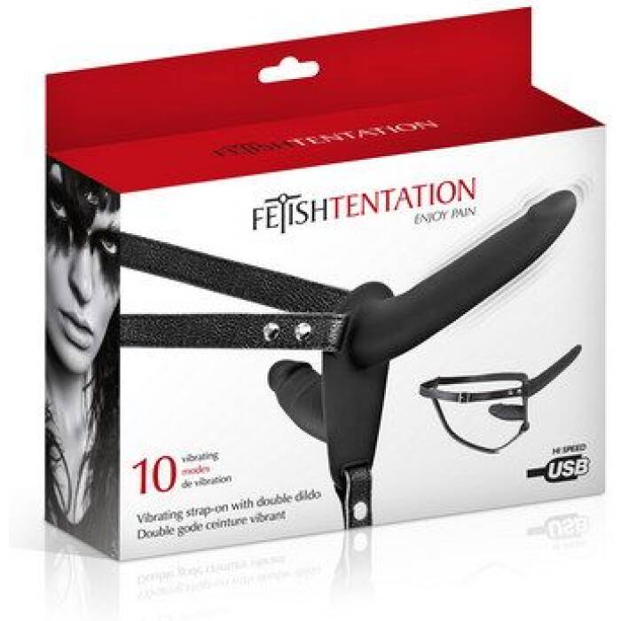 Подвійний страпон з вібрацією Fetish Tentation Vibrating Strap-On with Double Dildo Black