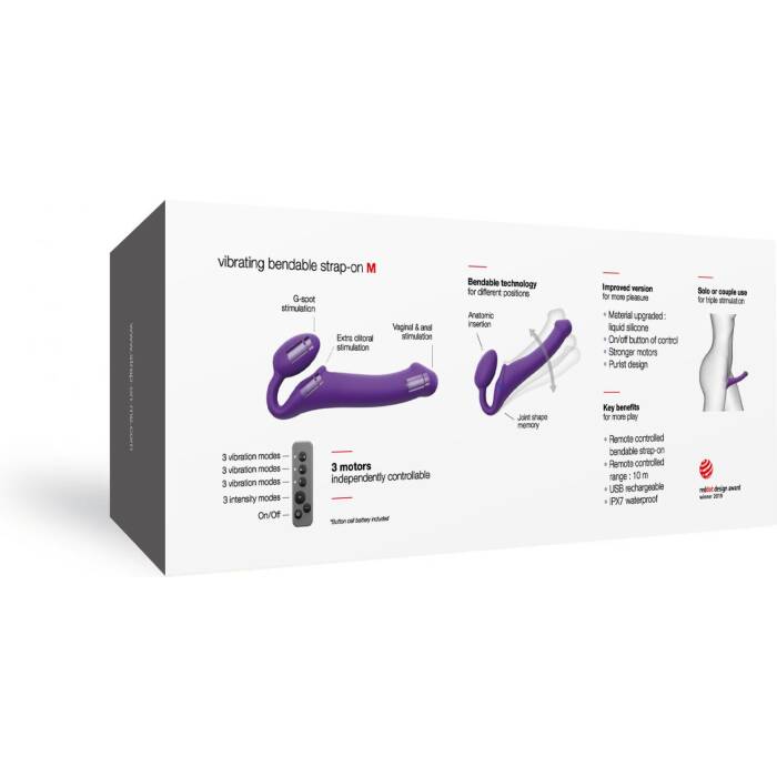 Безремінний страпон з вібрацією Strap-On-Me Vibrating Violet M, діаметр 3,8 см, пульт ДК, регульований