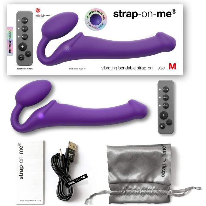 Безремінний страпон з вібрацією Strap-On-Me Vibrating Violet M, діаметр 3,8 см, пульт ДК, регульований