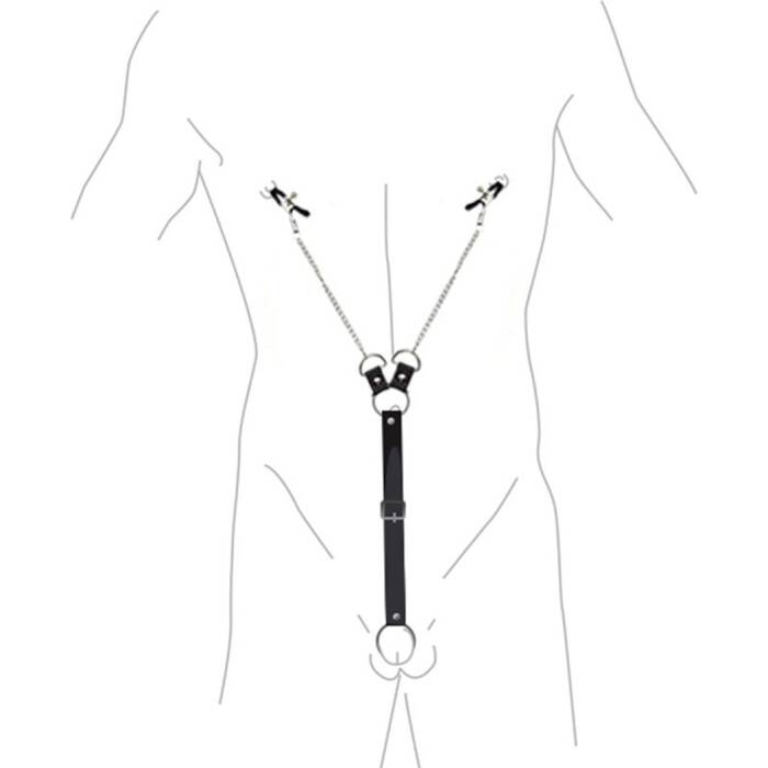 Затискачі для сосків з фіксацією на пенісі Art of Sex – Nipple Clamps for Men, екошкіра