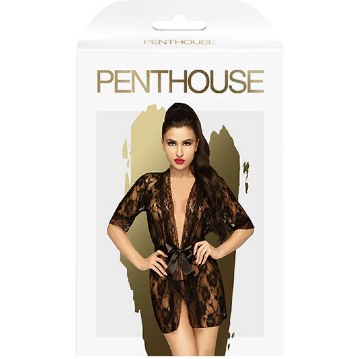 Комплект пеньюар з декором у вигляді троянд та стрінгами Penthouse - Sweet Retreat Black XL