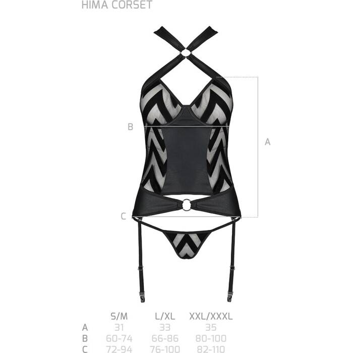 Сітчастий комплект з візерунком Passion HIMA CORSET L/XL black корсет з халтером, підв'язки, трусики