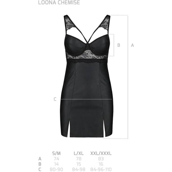 Бебі-дол з еко-шкіри та мережива Passion LOONA CHEMISE S/M, black