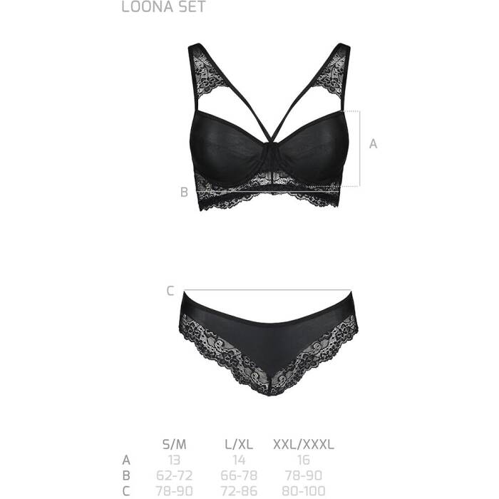 Комплект з еко-шкіри та мережива Passion LOONA SET L/XL, black, бра і трусики