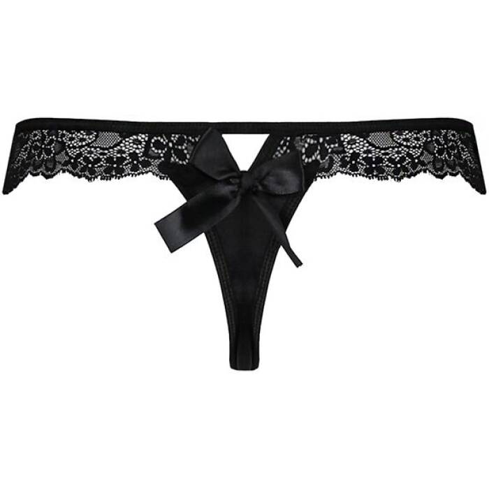 Мереживні трусики-танга з атласним бантиком Passion NAJA THONG L/XL, black