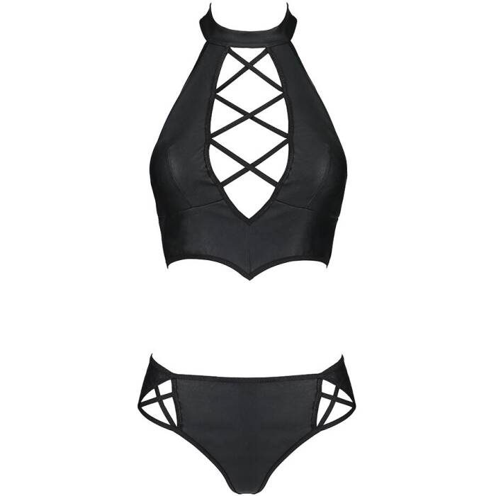 Комплект з еко-шкіри Passion NANACY BIKINI L/XL, black, бра та трусики з імітацією шнурівки