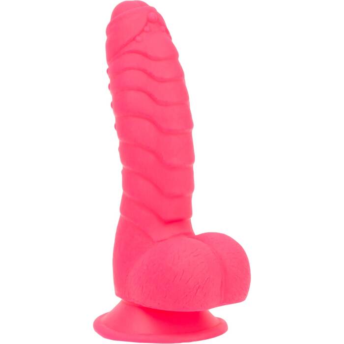 Ребристий фалоімітатор на присосці ADDICTION — Tom 7″ Dildo With Balls — Pink, віброкуля в подарунок