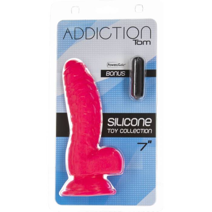 Ребристий фалоімітатор на присосці ADDICTION — Tom 7″ Dildo With Balls — Pink, віброкуля в подарунок