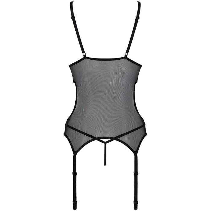 Корсет із підв’язками та ажурним ліфом Passion CHRISTA CORSET S/M, black, стрінги в комплекті