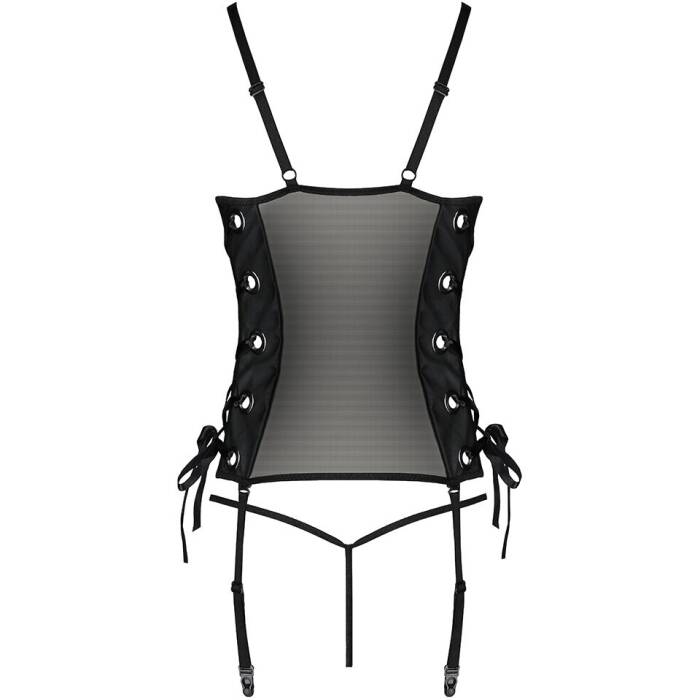 Сітчастий корсет з люверсами та знімними пажами Passion MALWIA CORSET L/XL black, екошкіра, стрінги