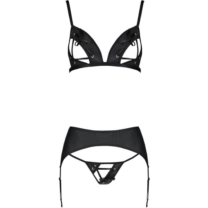 Комплект з екошкіри Passion MILEY SET S/M, black, трусики, бюстгальтер, пояс для панчіх