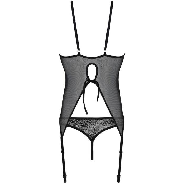 Корсет із пажами, трусики з ажурним декором та відкритим кроком Passion URSULA CORSET L/XL, black