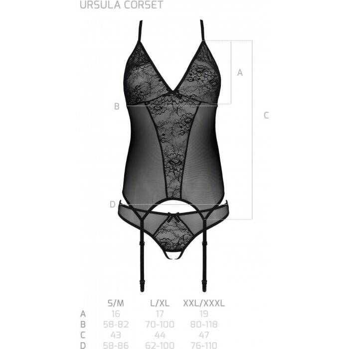 Корсет із пажами, трусики з ажурним декором та відкритим кроком Passion URSULA CORSET L/XL, black