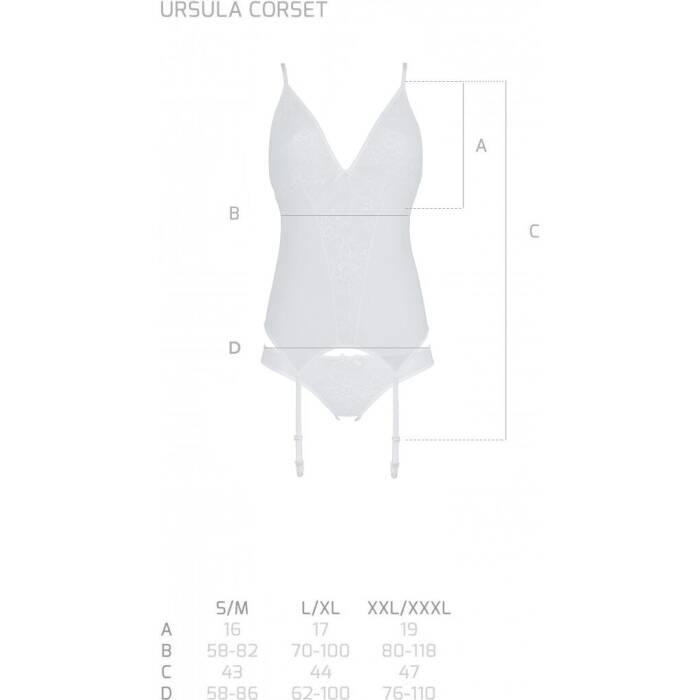 Корсет із пажами, трусики з ажурним декором та відкритим кроком Passion URSULA CORSET S/M, white