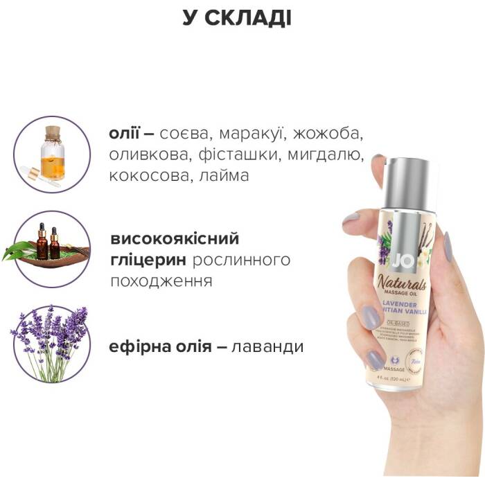 Масажна олія JO Naturals Massage Oil Lavender&Vanilla з натуральними ефірними оліями (120 мл)