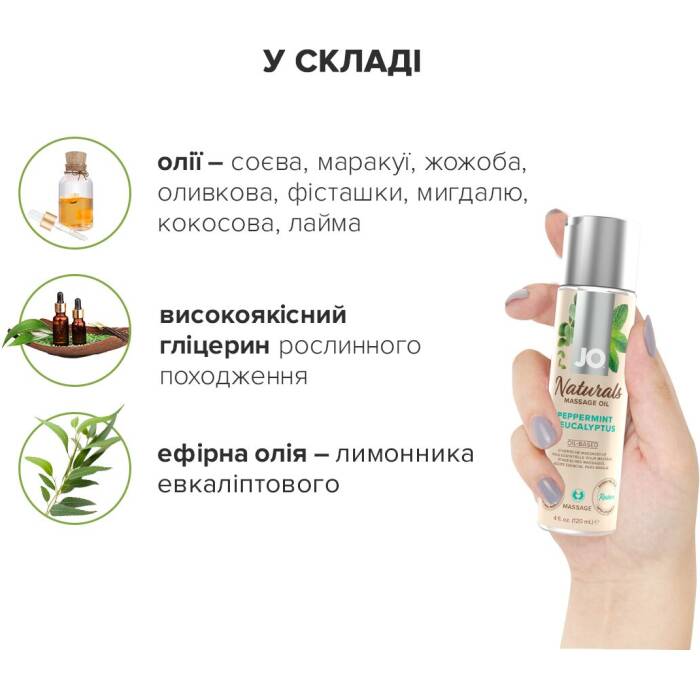 Масажна олія JO Naturals Massage Oil Peppermint & Eucalyptus з ефірними оліями (120 мл)