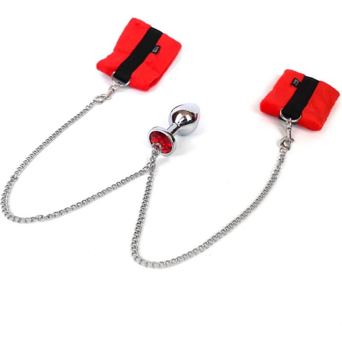 Наручники з металевою анальною пробкою Art of Sex Handcuffs with Metal Anal Plug size M Red