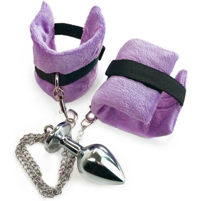 Наручники з металевою анальною пробкою Art of Sex Handcuffs with Metal Anal Plug size M Purple