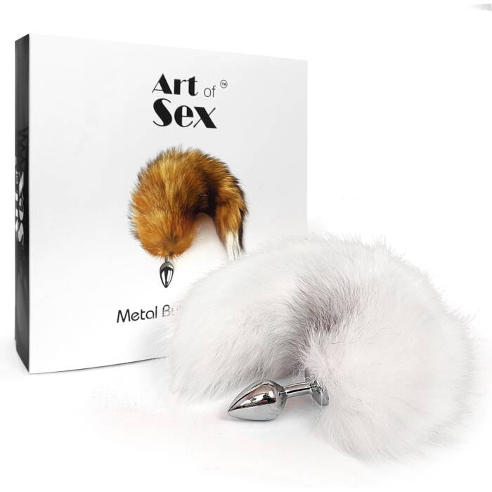 Металева анальна пробка з хвостом із натурального хутра Art of Sex size M White fox