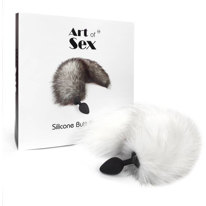 Силіконова анальна пробка з хвостом із натурального хутра Art of Sex size M White fox