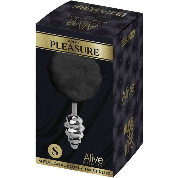 Металева анальна пробка Кролячий хвостик Alive Fluffy Twist Plug S Black, діаметр 2,9 см