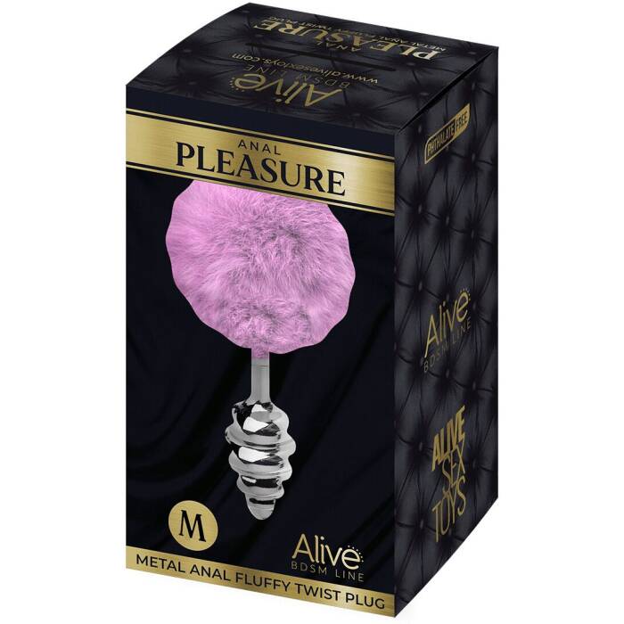 Металева анальна пробка Кролячий хвостик Alive Fluffy Twist Plug M Purple, діаметр 3,4 см